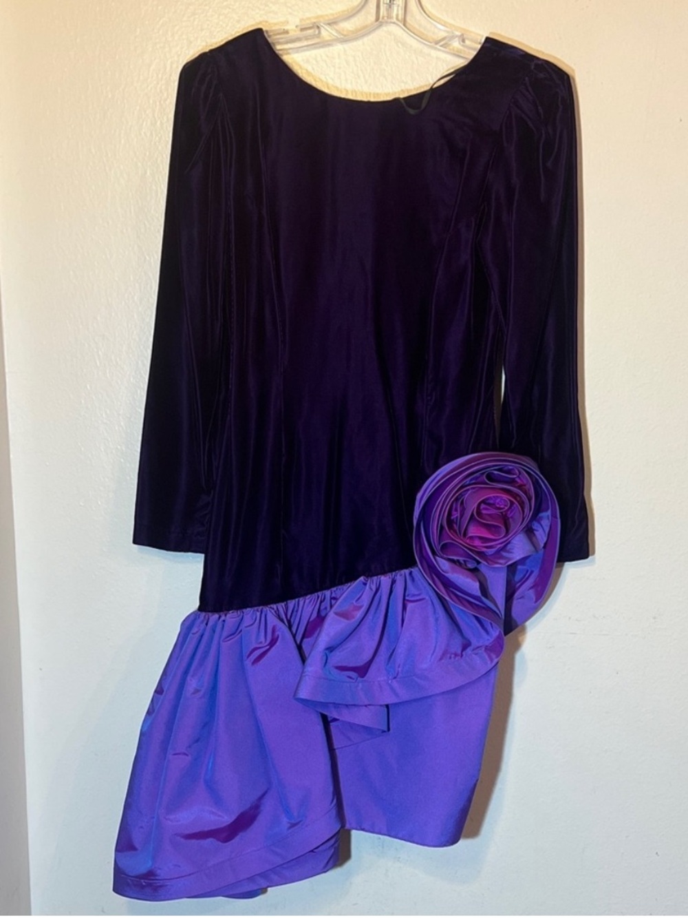 Vintage Deep Purple Velvet Long Sleeve Dress Asymmetrical Taffeta Rose Skirt Med
